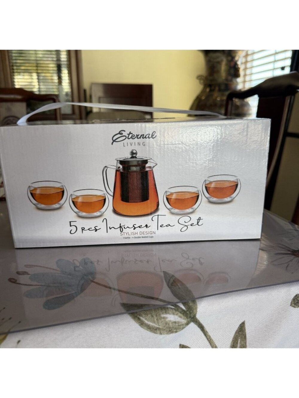 Eternal Living 5 PCS Infuser Tea Set: 1 Kettle 15 oz, 4 Doubled Walled Cups 5 oz